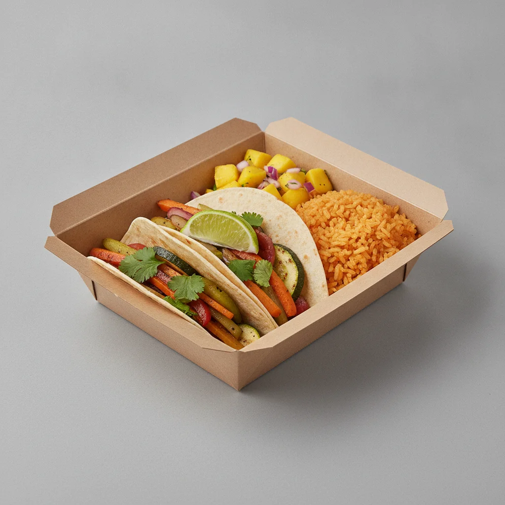 2 Tacos Boxed Lunch — Mix Veggies with Mexican Rice / Mango Salad 2 Tacos Boxed Lunch — Mix Veggies with Mexican Rice / Mango Salad