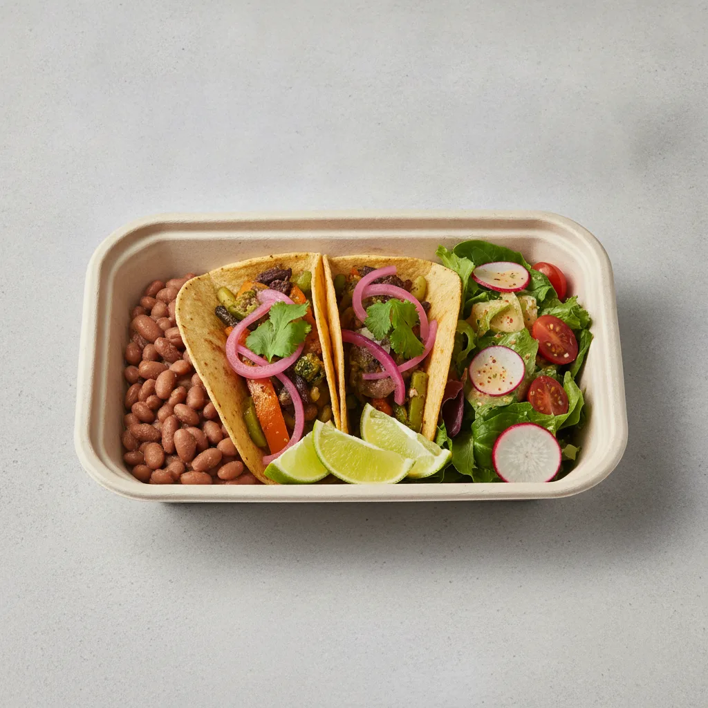 2 Tacos Boxed Lunch — Mix Veggies with Pinto Beans / Mexican House Salad 2 Tacos Boxed Lunch — Mix Veggies with Pinto Beans / Mexican House Salad