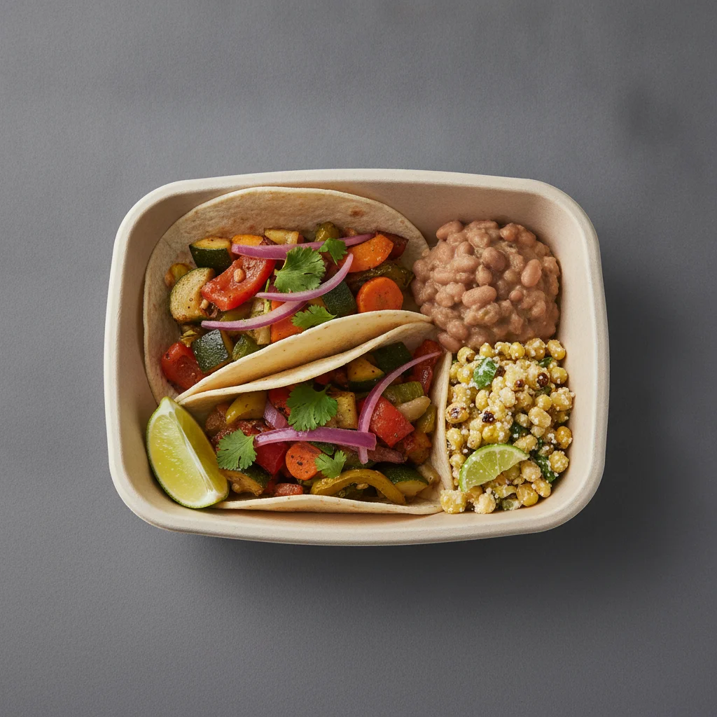 2 Tacos Boxed Lunch — Mix Veggies with Pinto Beans / Street Corn Salad 2 Tacos Boxed Lunch — Mix Veggies with Pinto Beans / Street Corn Salad