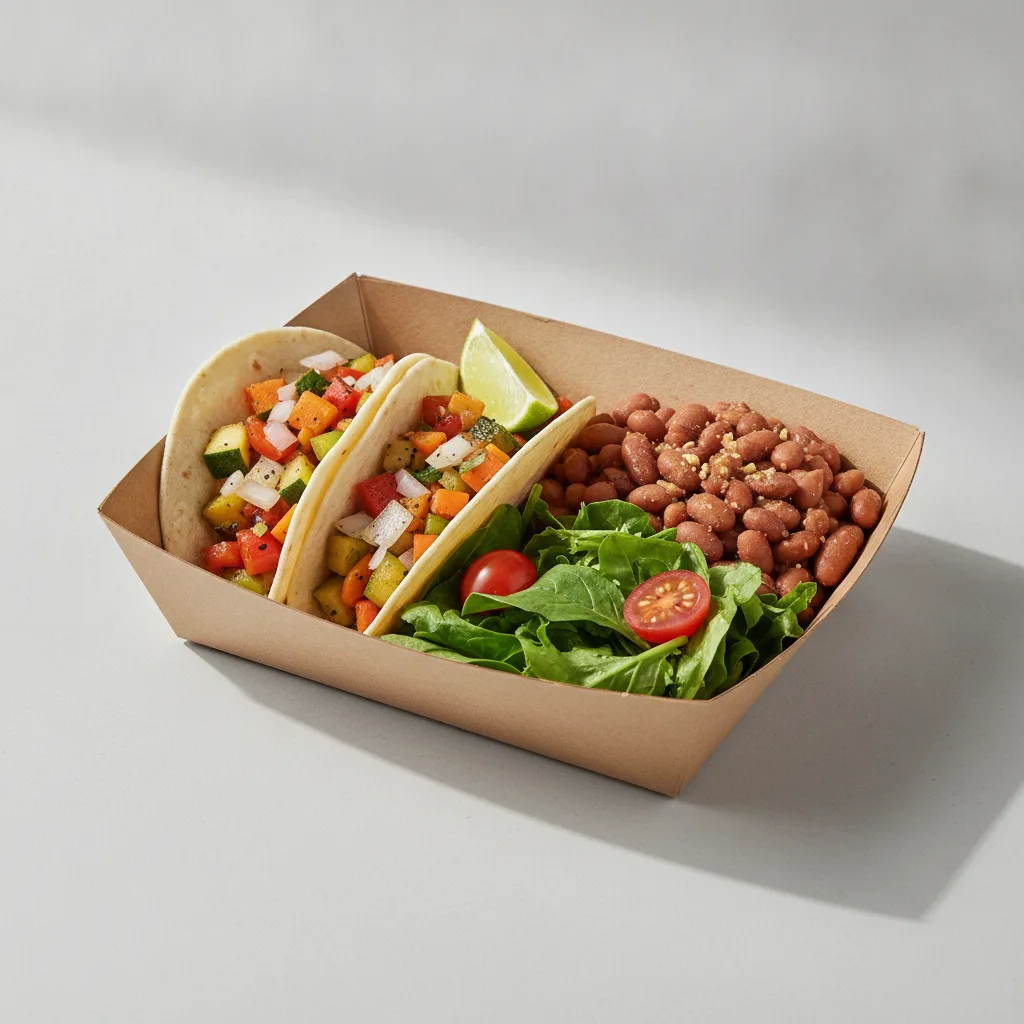 2 Tacos Boxed Lunch — Mix Veggies with Pinto Beans / Green Salad 2 Tacos Boxed Lunch — Mix Veggies with Pinto Beans / Green Salad