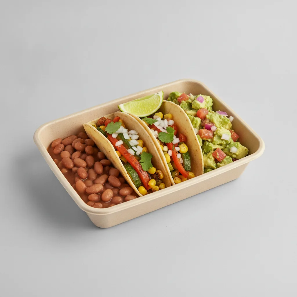 2 Tacos Boxed Lunch — Mix Veggies with Pinto Beans / Avocado Salad 2 Tacos Boxed Lunch — Mix Veggies with Pinto Beans / Avocado Salad