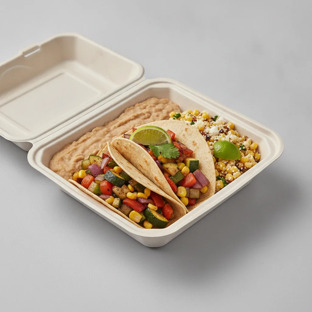 2 Tacos Boxed Lunch — Mix Veggies with Refried Pinto Beans / Street Corn Salad 2 Tacos Boxed Lunch — Mix Veggies with Refried Pinto Beans / Street Corn Salad