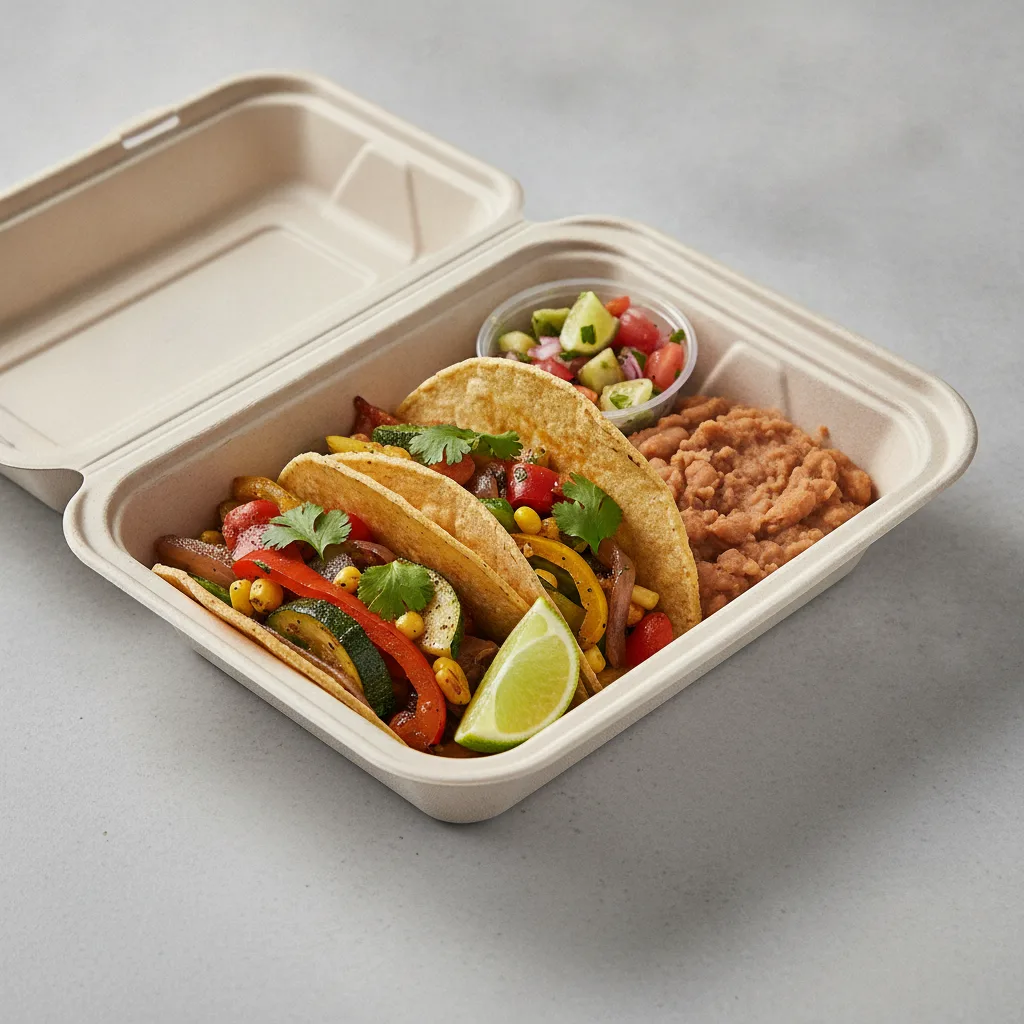 2 Tacos Boxed Lunch — Mix Veggies with Refried Pinto Beans / Nopalitos Salad 2 Tacos Boxed Lunch — Mix Veggies with Refried Pinto Beans / Nopalitos Salad