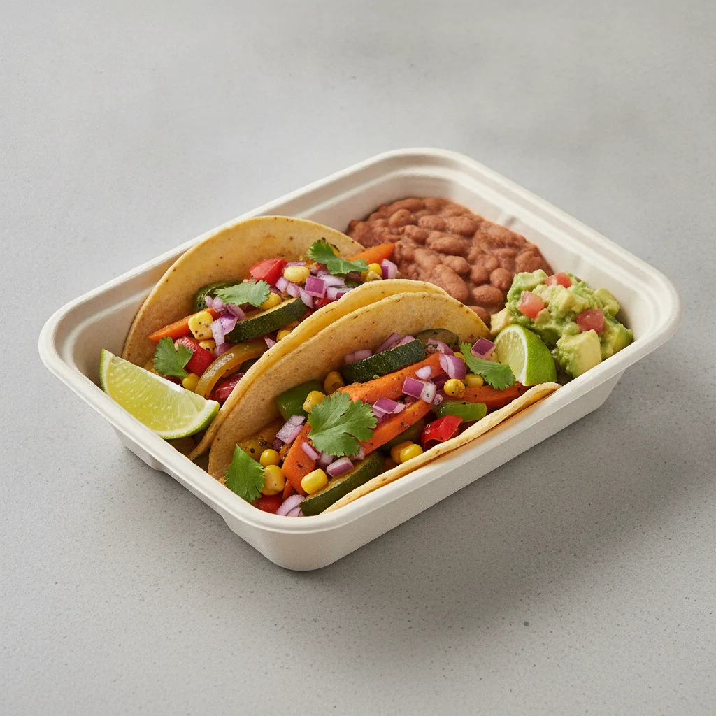 2 Tacos Boxed Lunch — Mix Veggies with Refried Pinto Beans / Avocado Salad 2 Tacos Boxed Lunch — Mix Veggies with Refried Pinto Beans / Avocado Salad