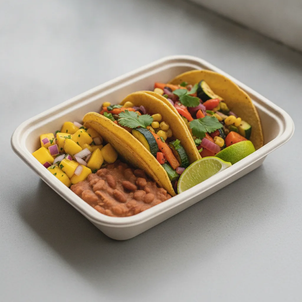 2 Tacos Boxed Lunch — Mix Veggies with Refried Pinto Beans / Mango Salad 2 Tacos Boxed Lunch — Mix Veggies with Refried Pinto Beans / Mango Salad