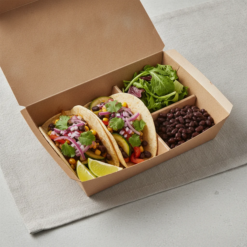 2 Tacos Boxed Lunch — Mix Veggies with Black Beans / Green Salad 2 Tacos Boxed Lunch — Mix Veggies with Black Beans / Green Salad