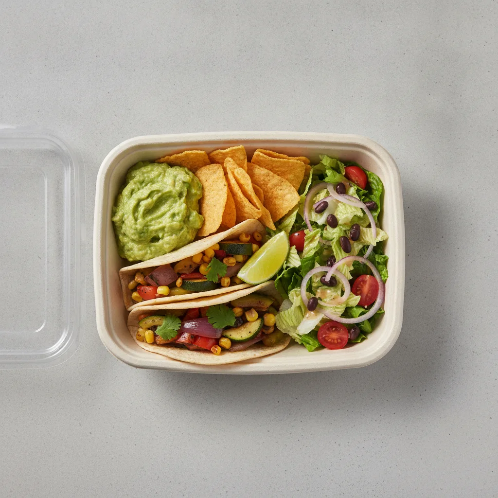2 Tacos Boxed Lunch — Mix Veggies with Guacamole and Chips / Mexican House Salad 2 Tacos Boxed Lunch — Mix Veggies with Guacamole and Chips / Mexican House Salad