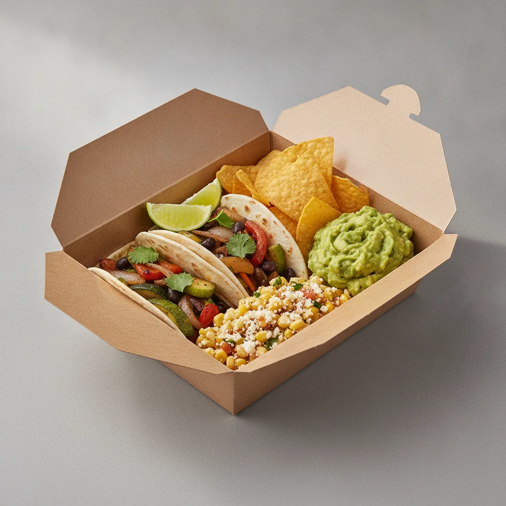 2 Tacos Boxed Lunch — Mix Veggies with Guacamole and Chips / Street Corn Salad 2 Tacos Boxed Lunch — Mix Veggies with Guacamole and Chips / Street Corn Salad