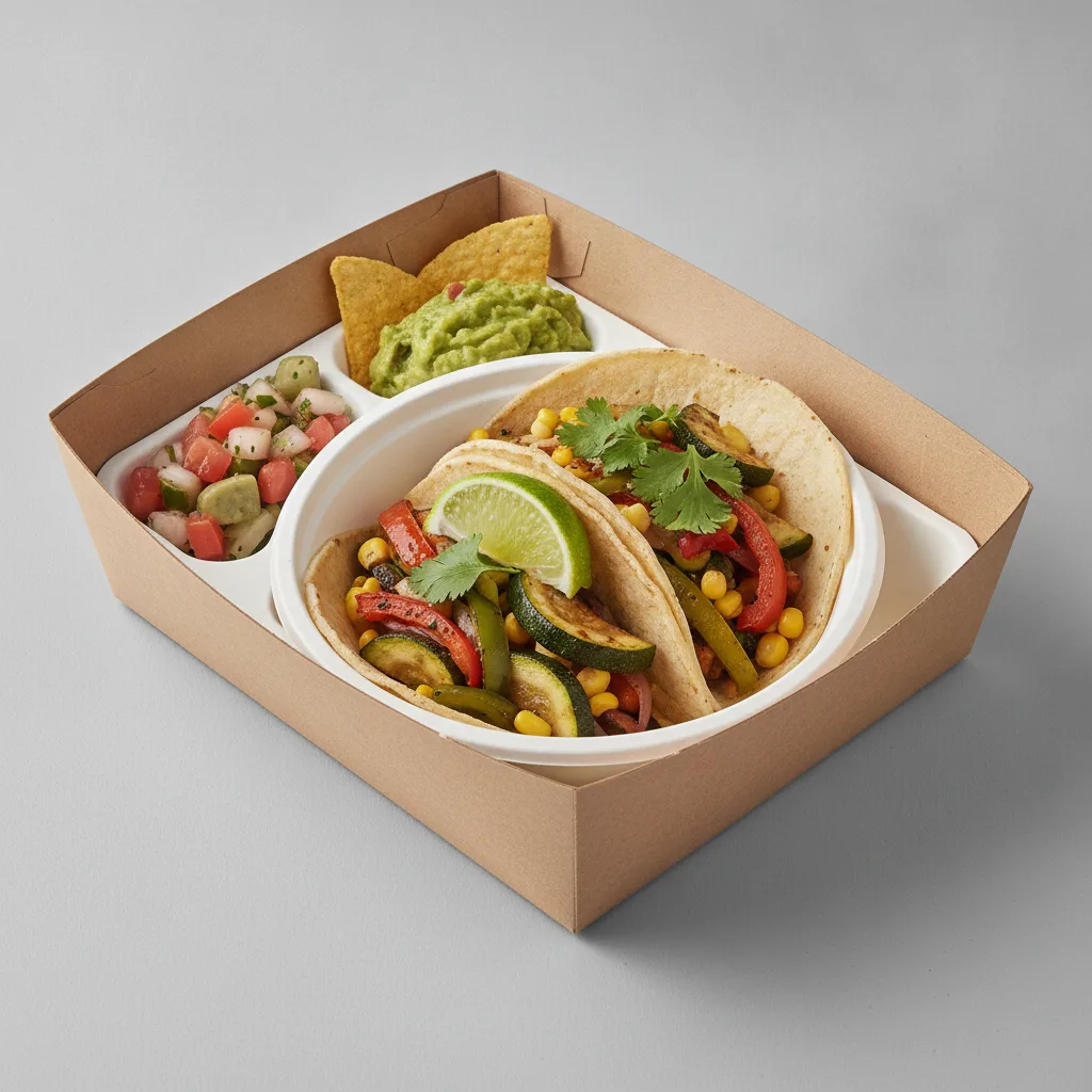 2 Tacos Boxed Lunch — Mix Veggies with Guacamole and Chips / Nopalitos Salad 2 Tacos Boxed Lunch — Mix Veggies with Guacamole and Chips / Nopalitos Salad