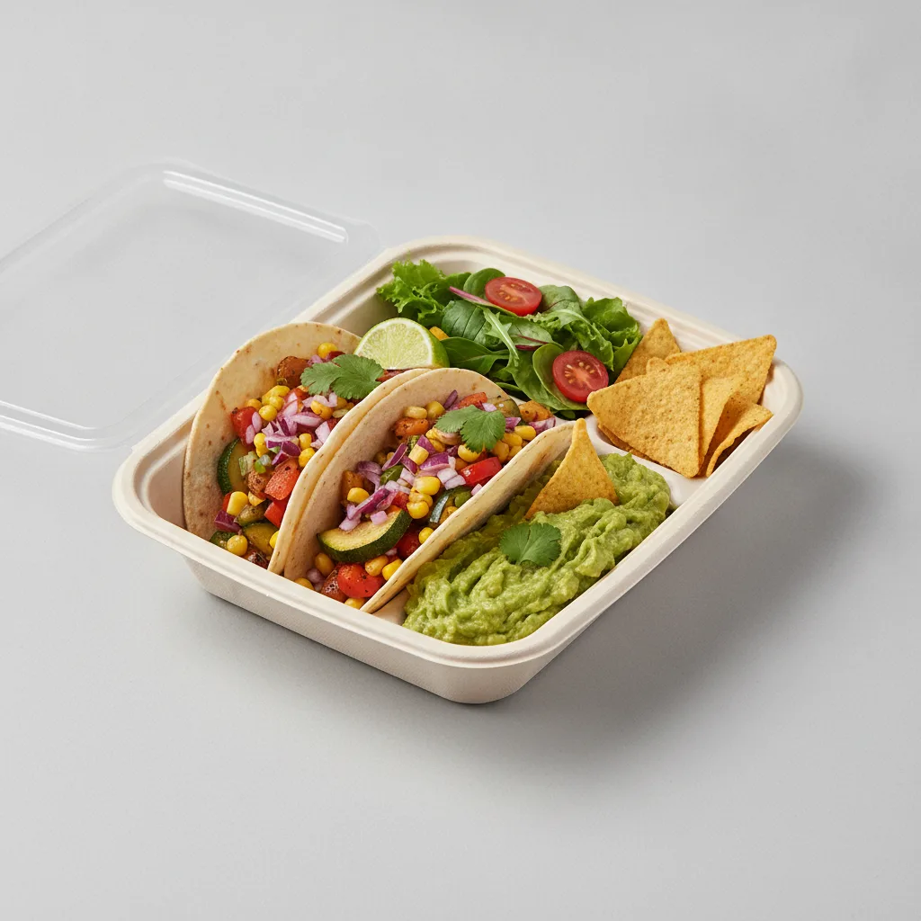 2 Tacos Boxed Lunch — Mix Veggies with Guacamole and Chips / Green Salad 2 Tacos Boxed Lunch — Mix Veggies with Guacamole and Chips / Green Salad