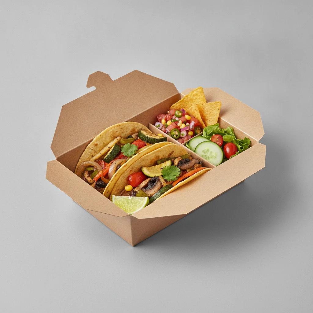 2 Tacos Boxed Lunch — Mix Veggies with Pico and Chips / Green Salad 2 Tacos Boxed Lunch — Mix Veggies with Pico and Chips / Green Salad
