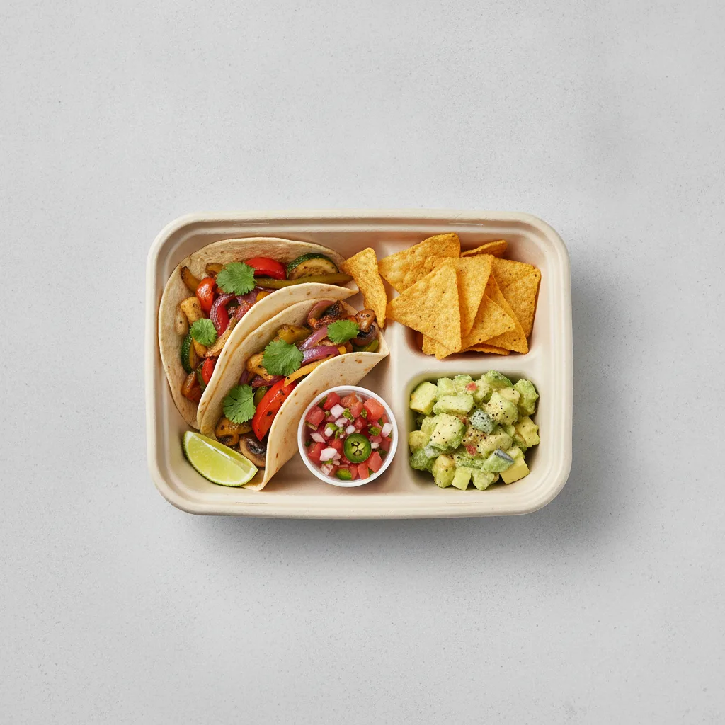 2 Tacos Boxed Lunch — Mix Veggies with Pico and Chips / Avocado Salad 2 Tacos Boxed Lunch — Mix Veggies with Pico and Chips / Avocado Salad