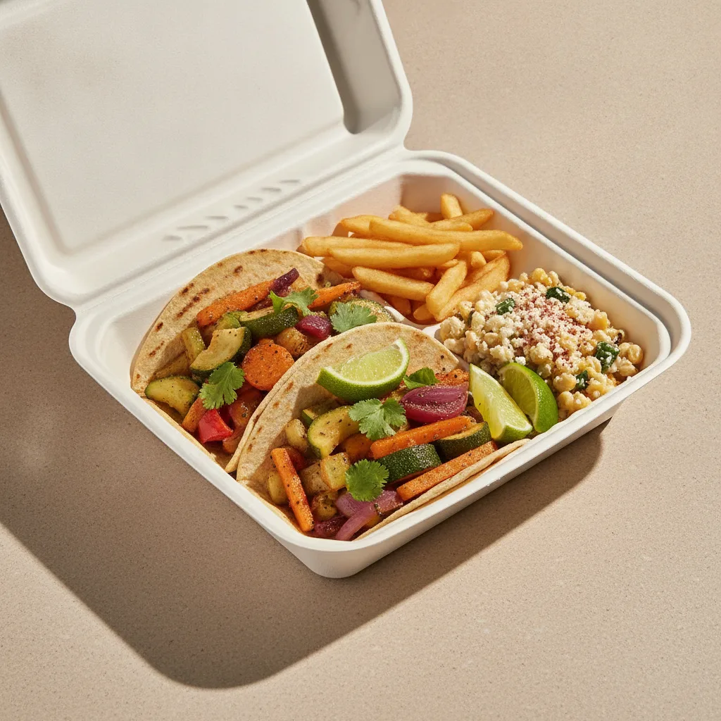 2 Tacos Boxed Lunch — Mix Veggies with French Fries / Street Corn Salad 2 Tacos Boxed Lunch — Mix Veggies with French Fries / Street Corn Salad