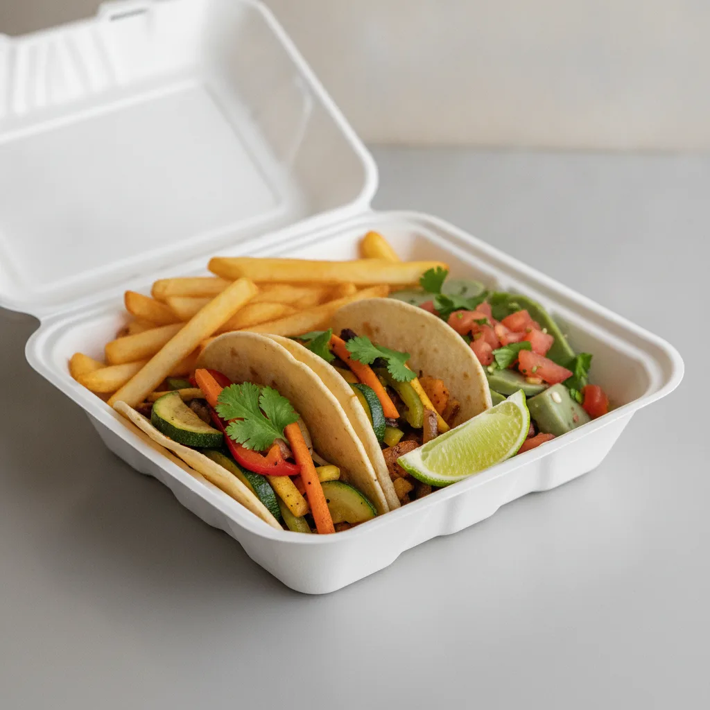 2 Tacos Boxed Lunch — Mix Veggies with French Fries / Nopalitos Salad 2 Tacos Boxed Lunch — Mix Veggies with French Fries / Nopalitos Salad