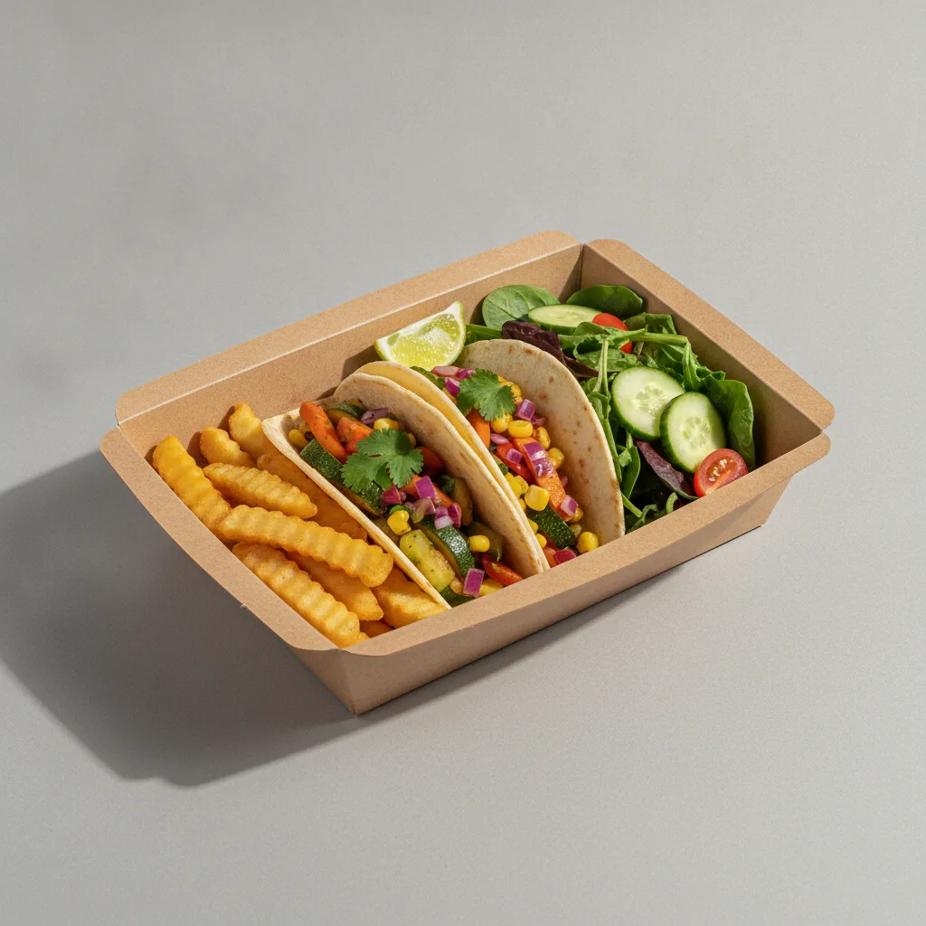 2 Tacos Boxed Lunch — Mix Veggies with French Fries / Green Salad 2 Tacos Boxed Lunch — Mix Veggies with French Fries / Green Salad