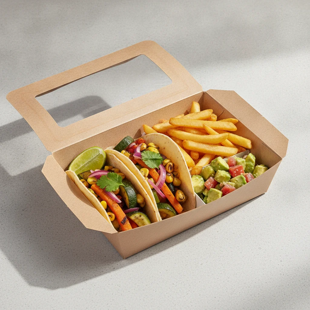 2 Tacos Boxed Lunch — Mix Veggies with French Fries / Avocado Salad 2 Tacos Boxed Lunch — Mix Veggies with French Fries / Avocado Salad