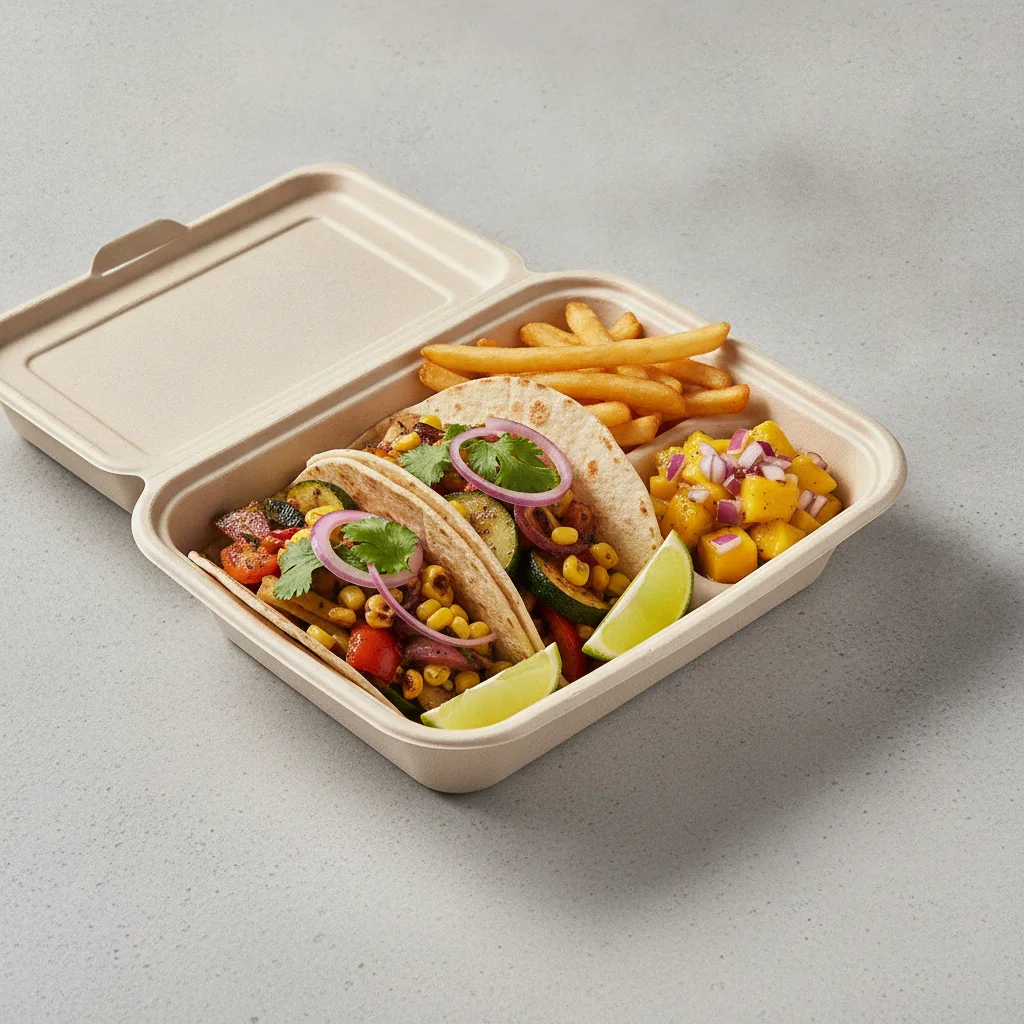2 Tacos Boxed Lunch — Mix Veggies with French Fries / Mango Salad 2 Tacos Boxed Lunch — Mix Veggies with French Fries / Mango Salad