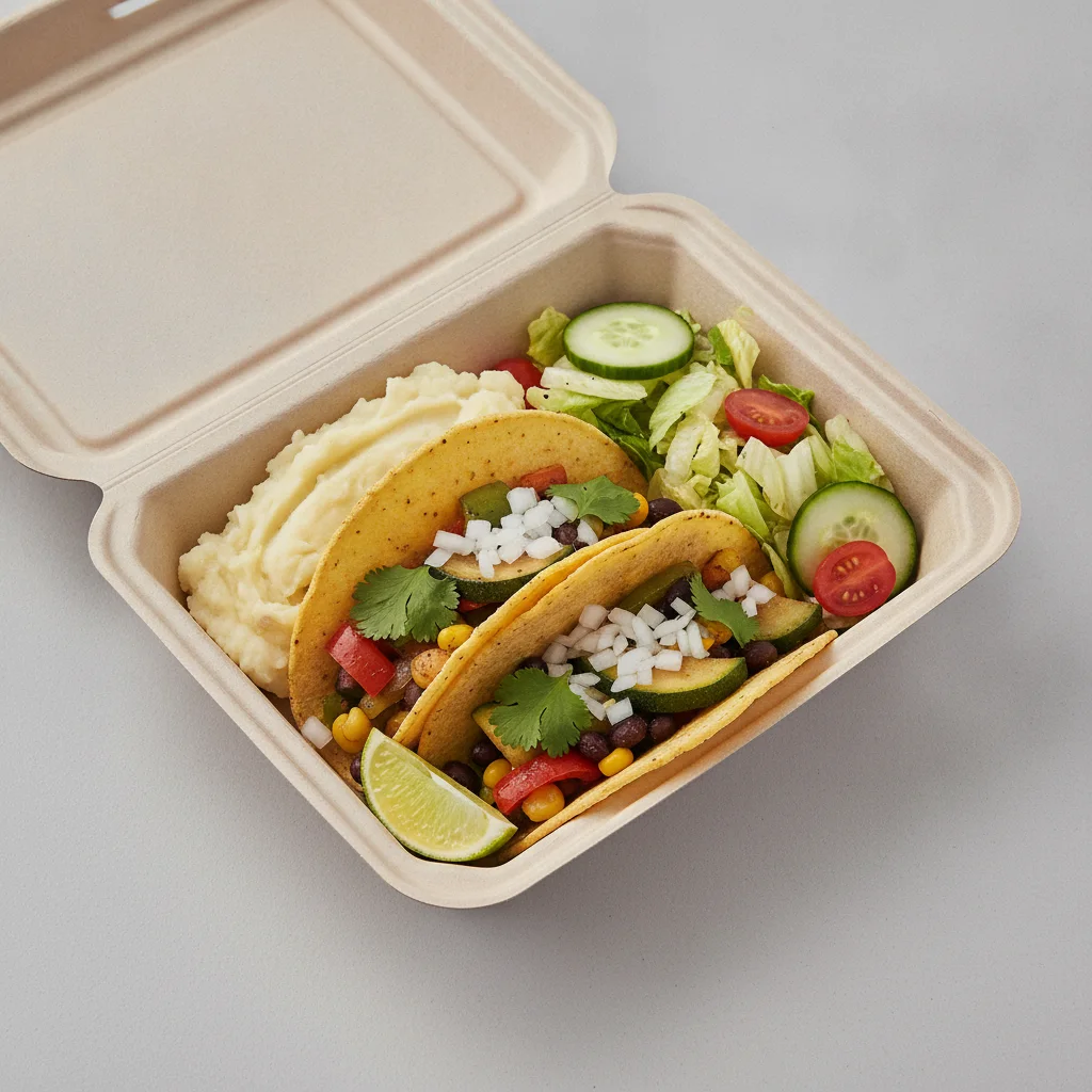 2 Tacos Boxed Lunch — Mix Veggies with Mashed Potato / Mexican House Salad 2 Tacos Boxed Lunch — Mix Veggies with Mashed Potato / Mexican House Salad