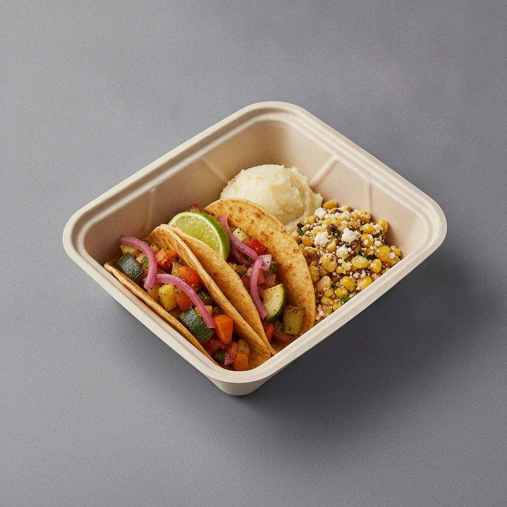 2 Tacos Boxed Lunch — Mix Veggies with Mashed Potato / Street Corn Salad 2 Tacos Boxed Lunch — Mix Veggies with Mashed Potato / Street Corn Salad