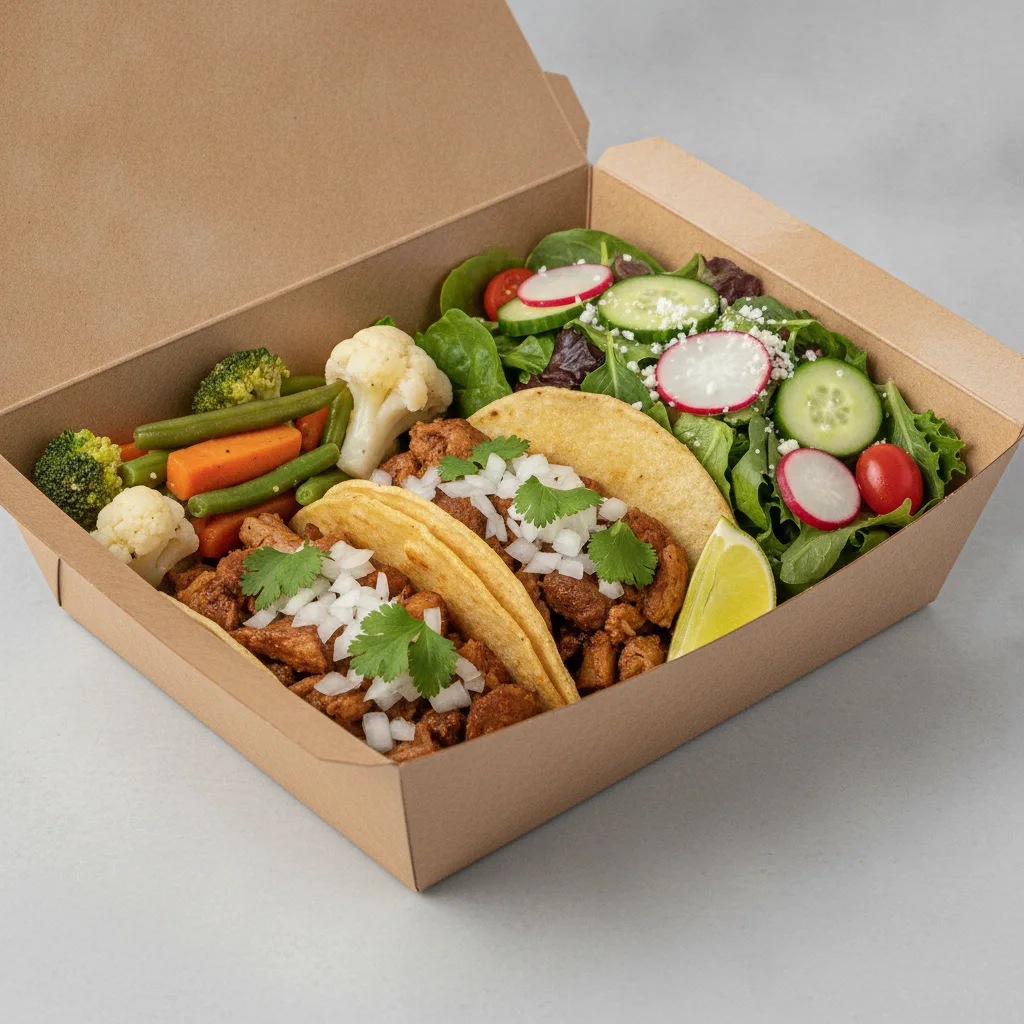 2 Tacos Boxed Lunch — Carnitas with Steamed Mix Veggies / Mexican House Salad 2 Tacos Boxed Lunch — Carnitas with Steamed Mix Veggies / Mexican House Salad