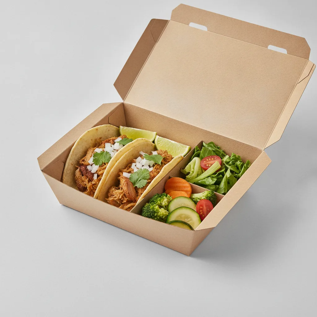 2 Tacos Boxed Lunch — Carnitas with Steamed Mix Veggies / Green Salad 2 Tacos Boxed Lunch — Carnitas with Steamed Mix Veggies / Green Salad