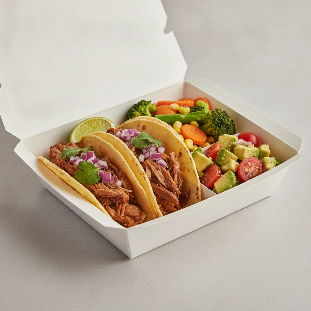 2 Tacos Boxed Lunch — Carnitas with Steamed Mix Veggies / Avocado Salad 2 Tacos Boxed Lunch — Carnitas with Steamed Mix Veggies / Avocado Salad