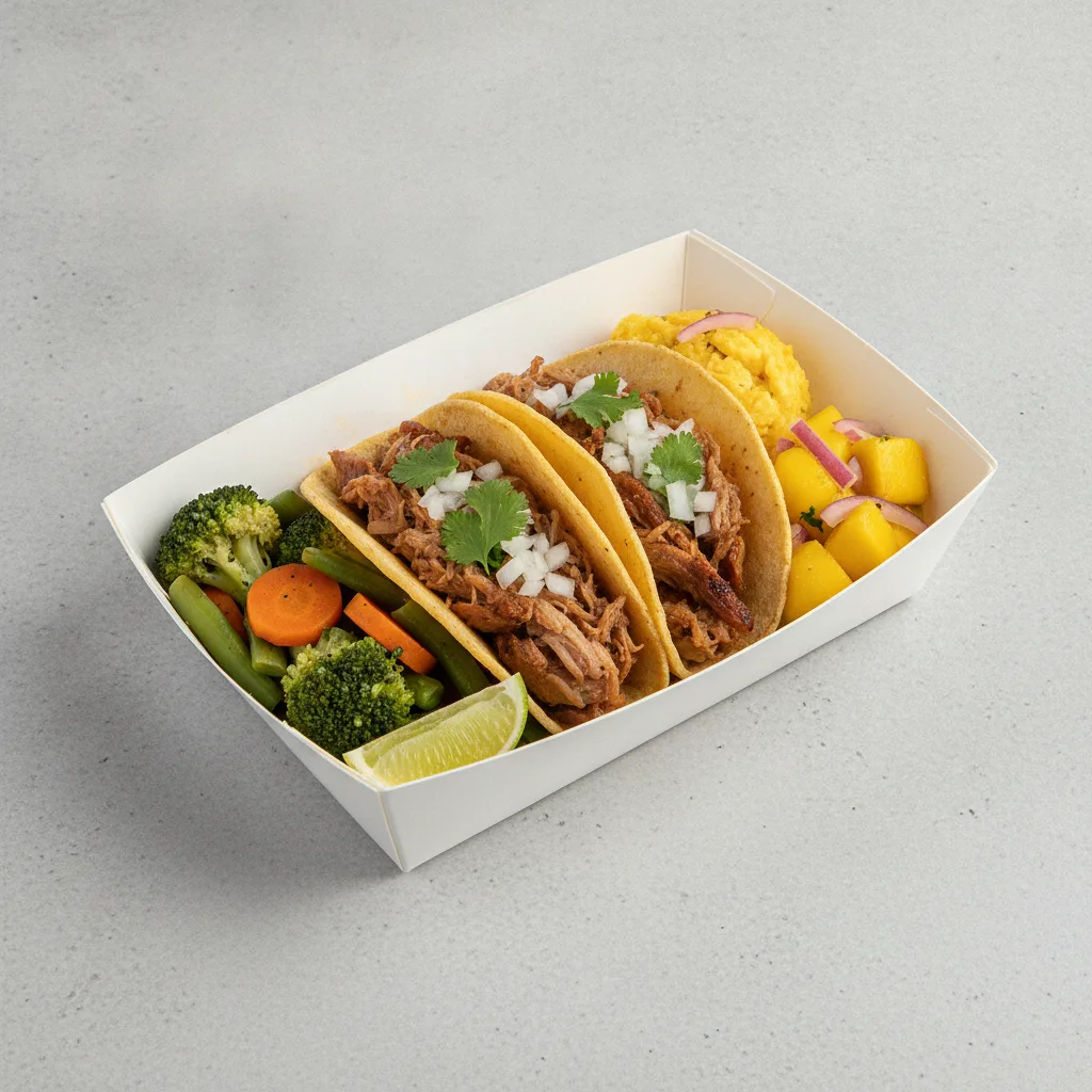 2 Tacos Boxed Lunch — Carnitas with Steamed Mix Veggies / Mango Salad 2 Tacos Boxed Lunch — Carnitas with Steamed Mix Veggies / Mango Salad