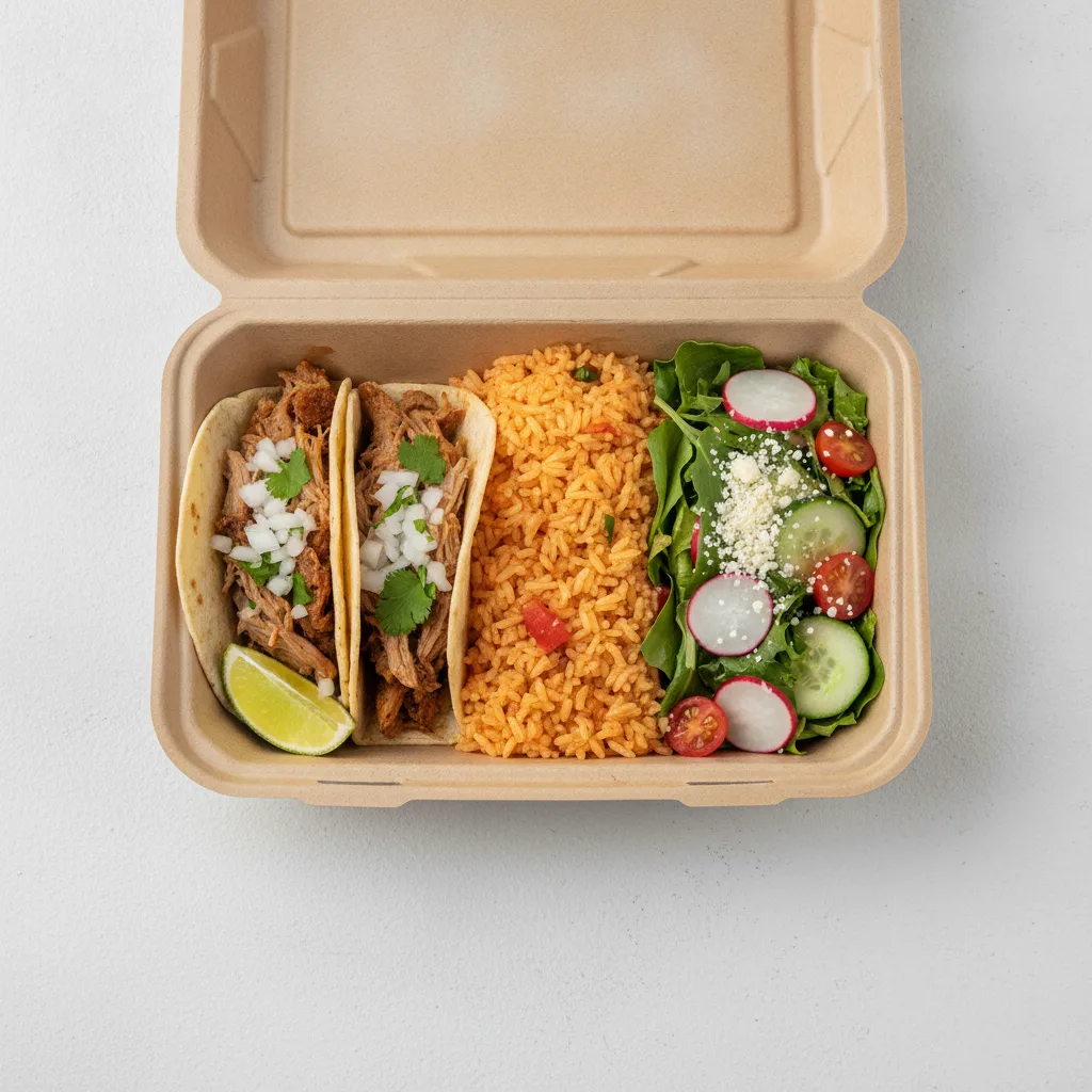 2 Tacos Boxed Lunch — Carnitas with Mexican Rice / Mexican House Salad 2 Tacos Boxed Lunch — Carnitas with Mexican Rice / Mexican House Salad