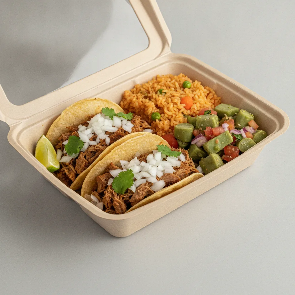 2 Tacos Boxed Lunch — Carnitas with Mexican Rice / Nopalitos Salad 2 Tacos Boxed Lunch — Carnitas with Mexican Rice / Nopalitos Salad