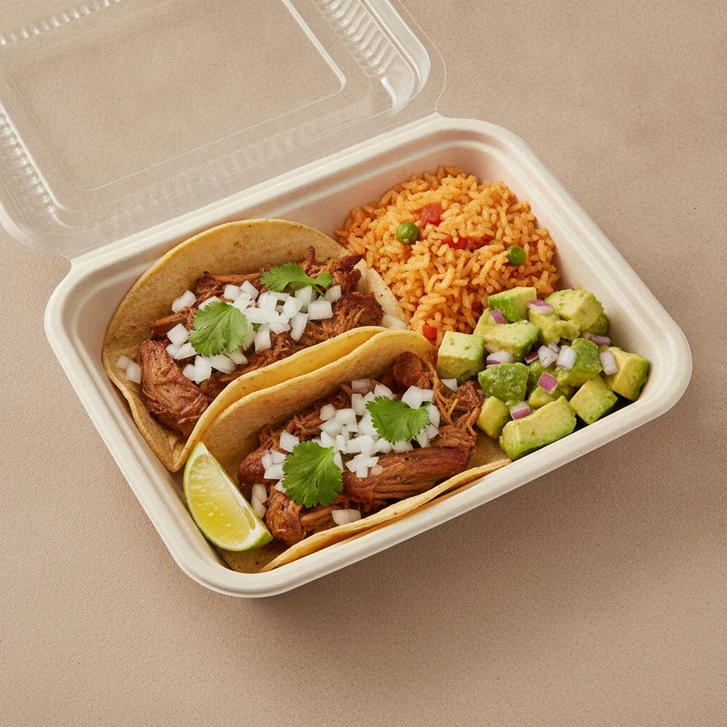 2 Tacos Boxed Lunch — Carnitas with Mexican Rice / Avocado Salad 2 Tacos Boxed Lunch — Carnitas with Mexican Rice / Avocado Salad