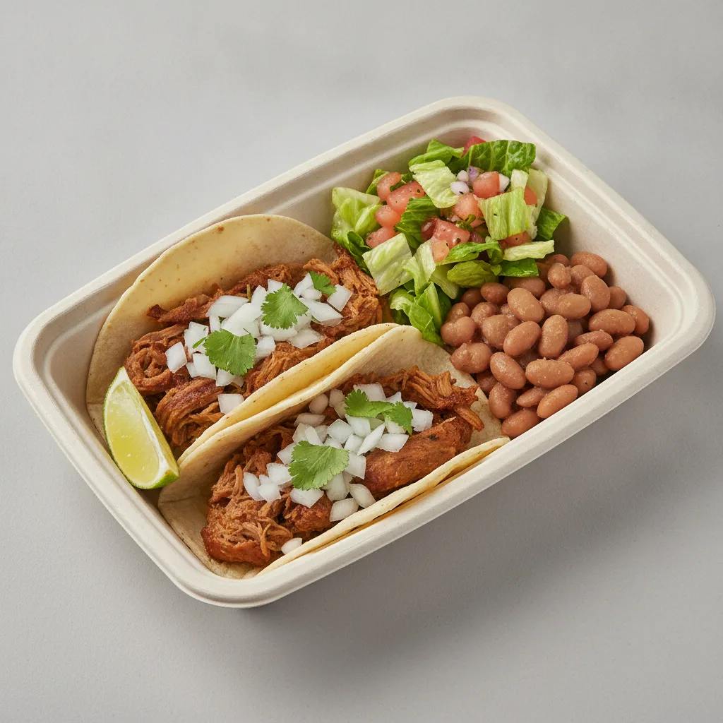 2 Tacos Boxed Lunch — Carnitas with Pinto Beans / Mexican House Salad 2 Tacos Boxed Lunch — Carnitas with Pinto Beans / Mexican House Salad