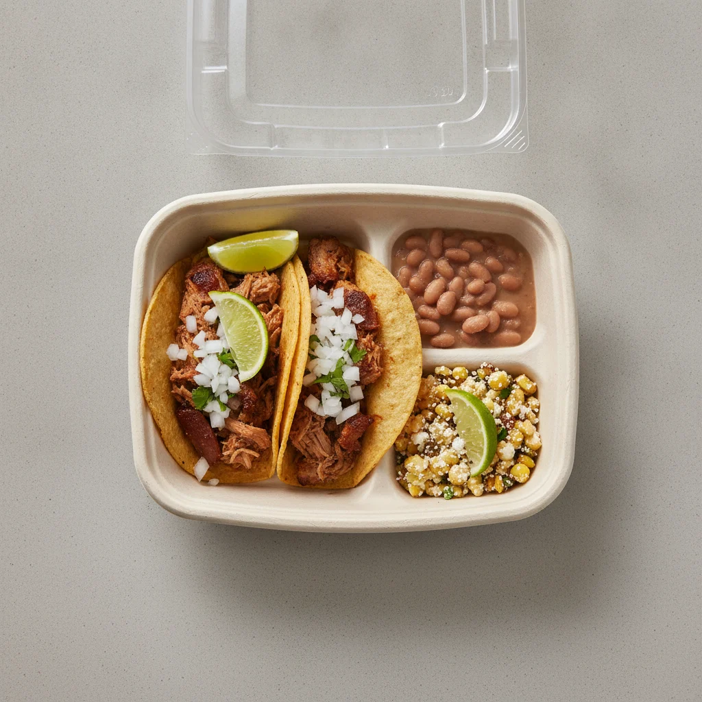 2 Tacos Boxed Lunch — Carnitas with Pinto Beans / Street Corn Salad 2 Tacos Boxed Lunch — Carnitas with Pinto Beans / Street Corn Salad