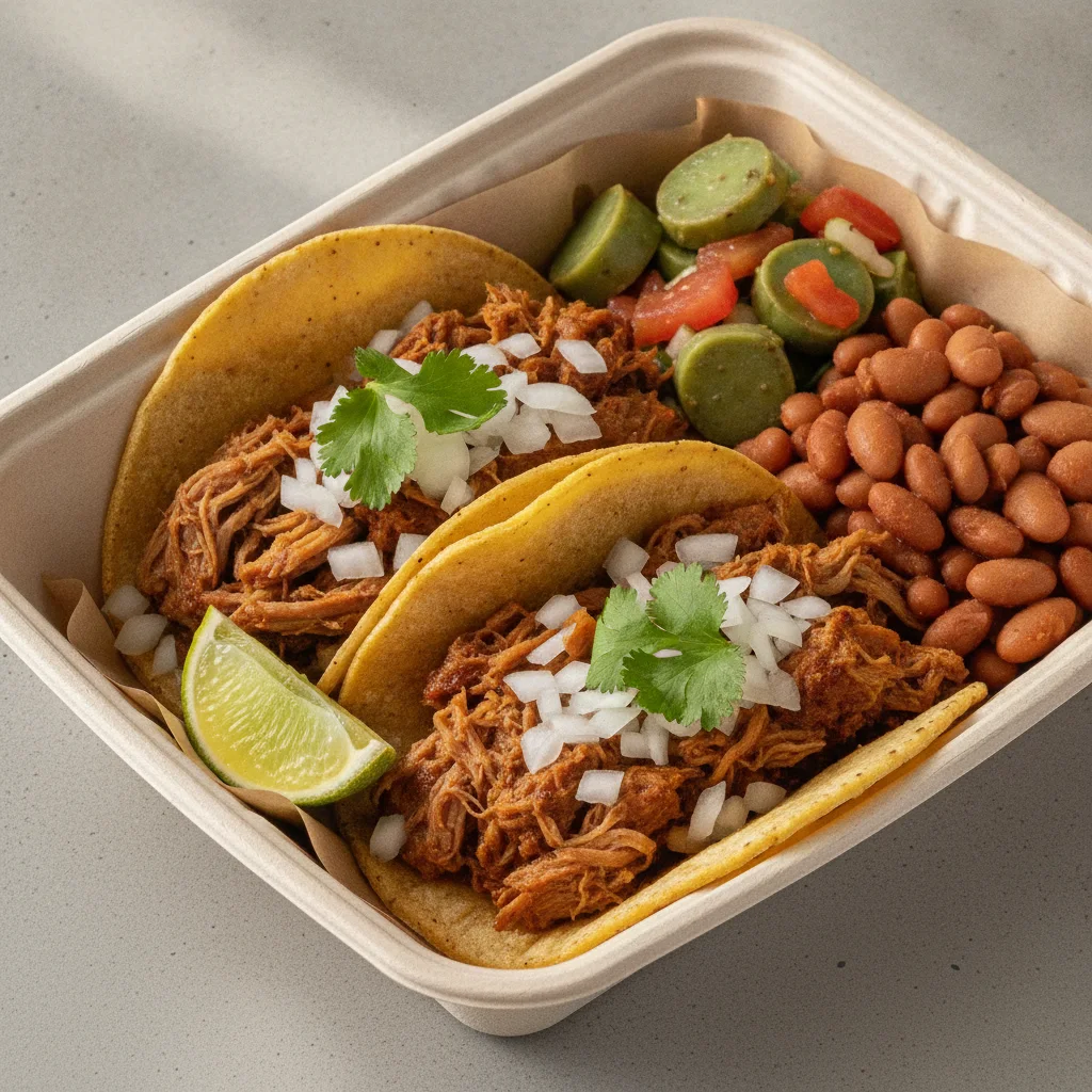 2 Tacos Boxed Lunch — Carnitas with Pinto Beans / Nopalitos Salad 2 Tacos Boxed Lunch — Carnitas with Pinto Beans / Nopalitos Salad
