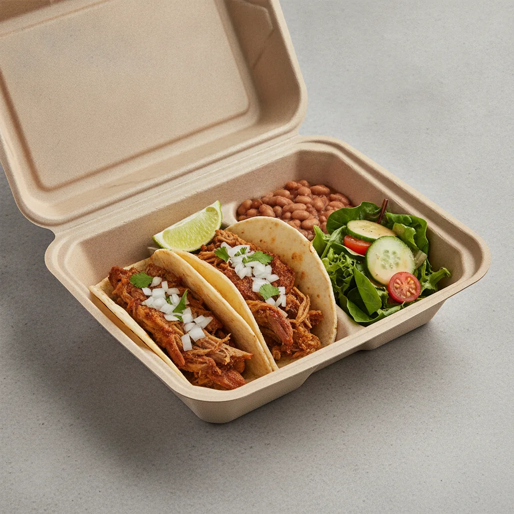 2 Tacos Boxed Lunch — Carnitas with Pinto Beans / Green Salad 2 Tacos Boxed Lunch — Carnitas with Pinto Beans / Green Salad