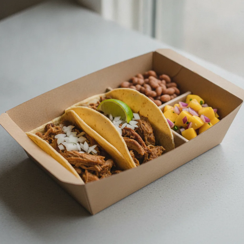 2 Tacos Boxed Lunch — Carnitas with Pinto Beans / Mango Salad 2 Tacos Boxed Lunch — Carnitas with Pinto Beans / Mango Salad