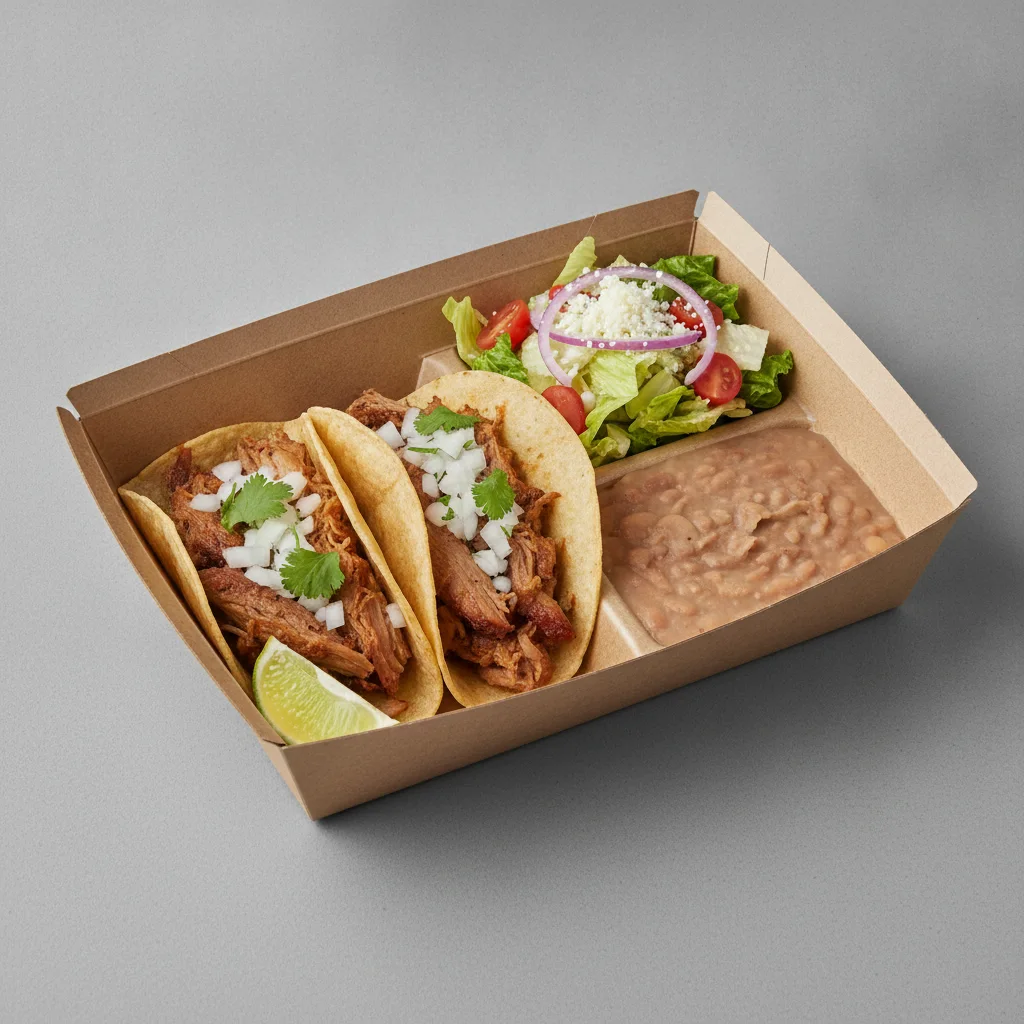 2 Tacos Boxed Lunch — Carnitas with Refried Pinto Beans / Mexican House Salad 2 Tacos Boxed Lunch — Carnitas with Refried Pinto Beans / Mexican House Salad