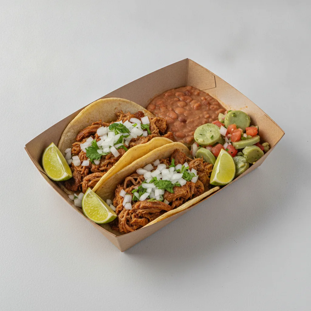 2 Tacos Boxed Lunch — Carnitas with Refried Pinto Beans / Nopalitos Salad 2 Tacos Boxed Lunch — Carnitas with Refried Pinto Beans / Nopalitos Salad