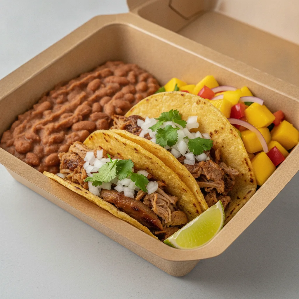 2 Tacos Boxed Lunch — Carnitas with Refried Pinto Beans / Mango Salad 2 Tacos Boxed Lunch — Carnitas with Refried Pinto Beans / Mango Salad