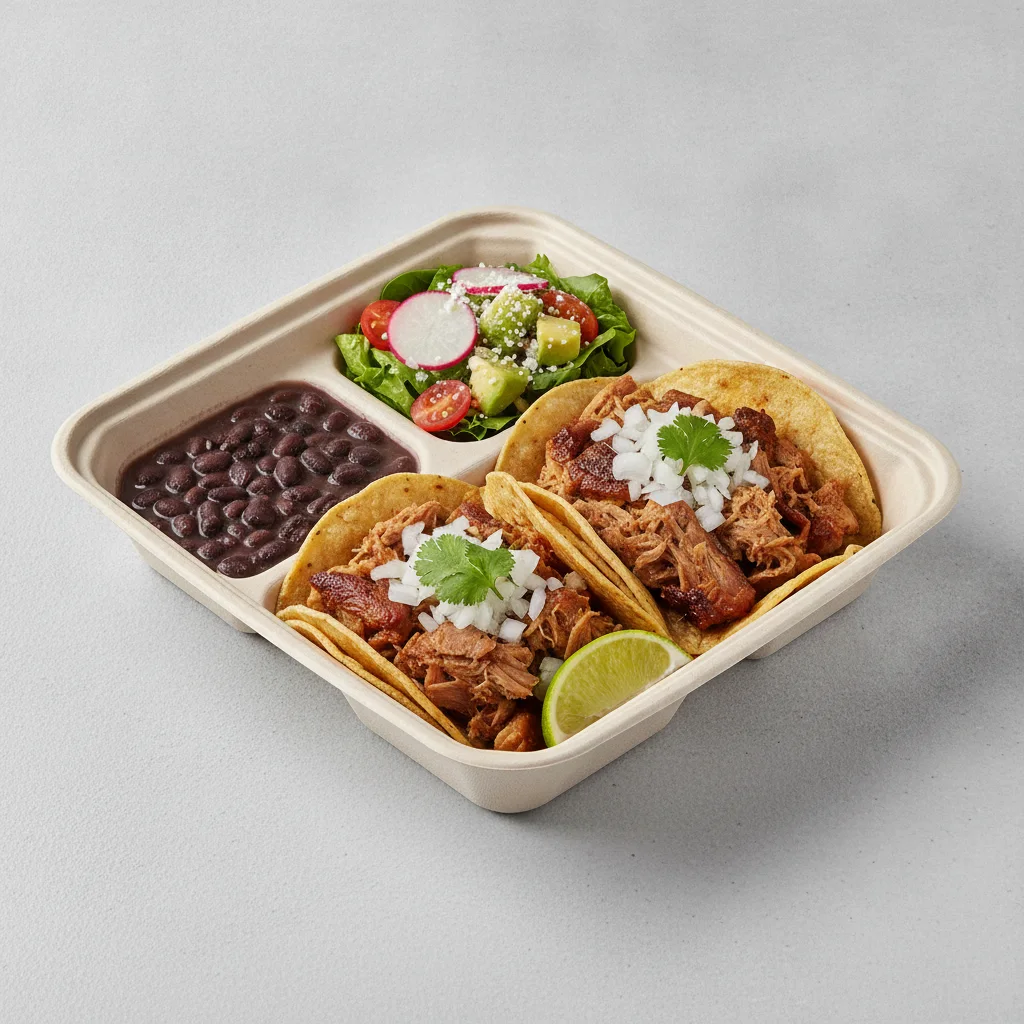 2 Tacos Boxed Lunch — Carnitas with Black Beans / Mexican House Salad 2 Tacos Boxed Lunch — Carnitas with Black Beans / Mexican House Salad