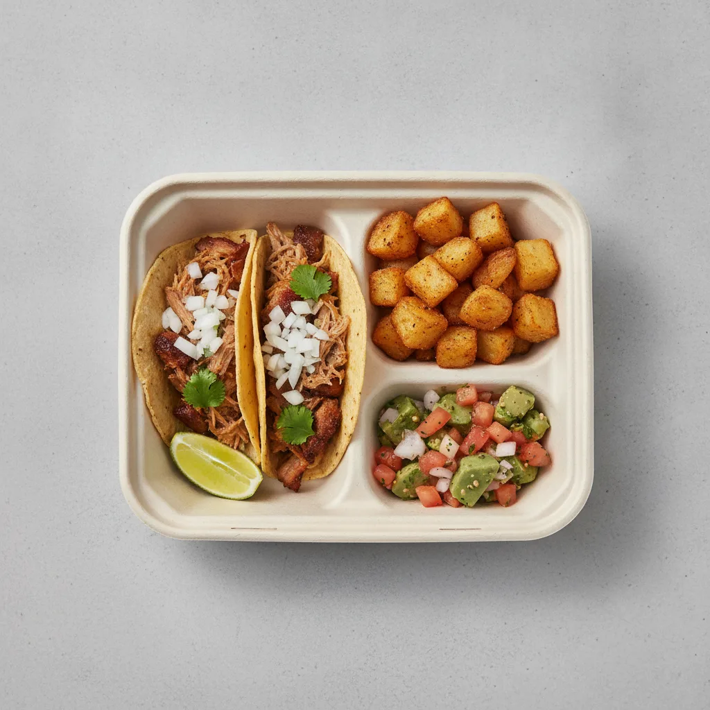 2 Tacos Boxed Lunch — Carnitas — Home Fries / Nopalitos Salad 2 Tacos Boxed Lunch — Carnitas — Home Fries / Nopalitos Salad