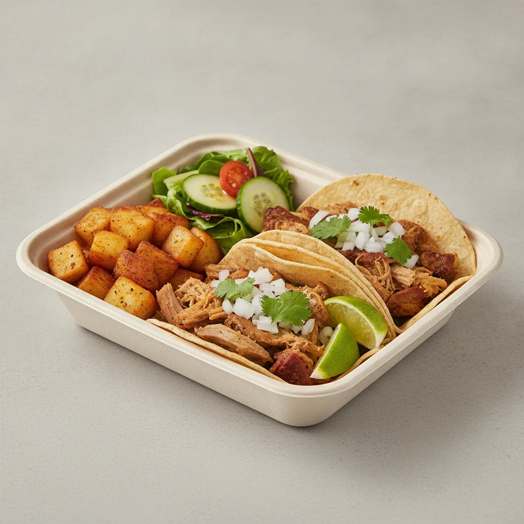 2 Tacos Boxed Lunch — Carnitas — Home Fries / Green Salad 2 Tacos Boxed Lunch — Carnitas — Home Fries / Green Salad