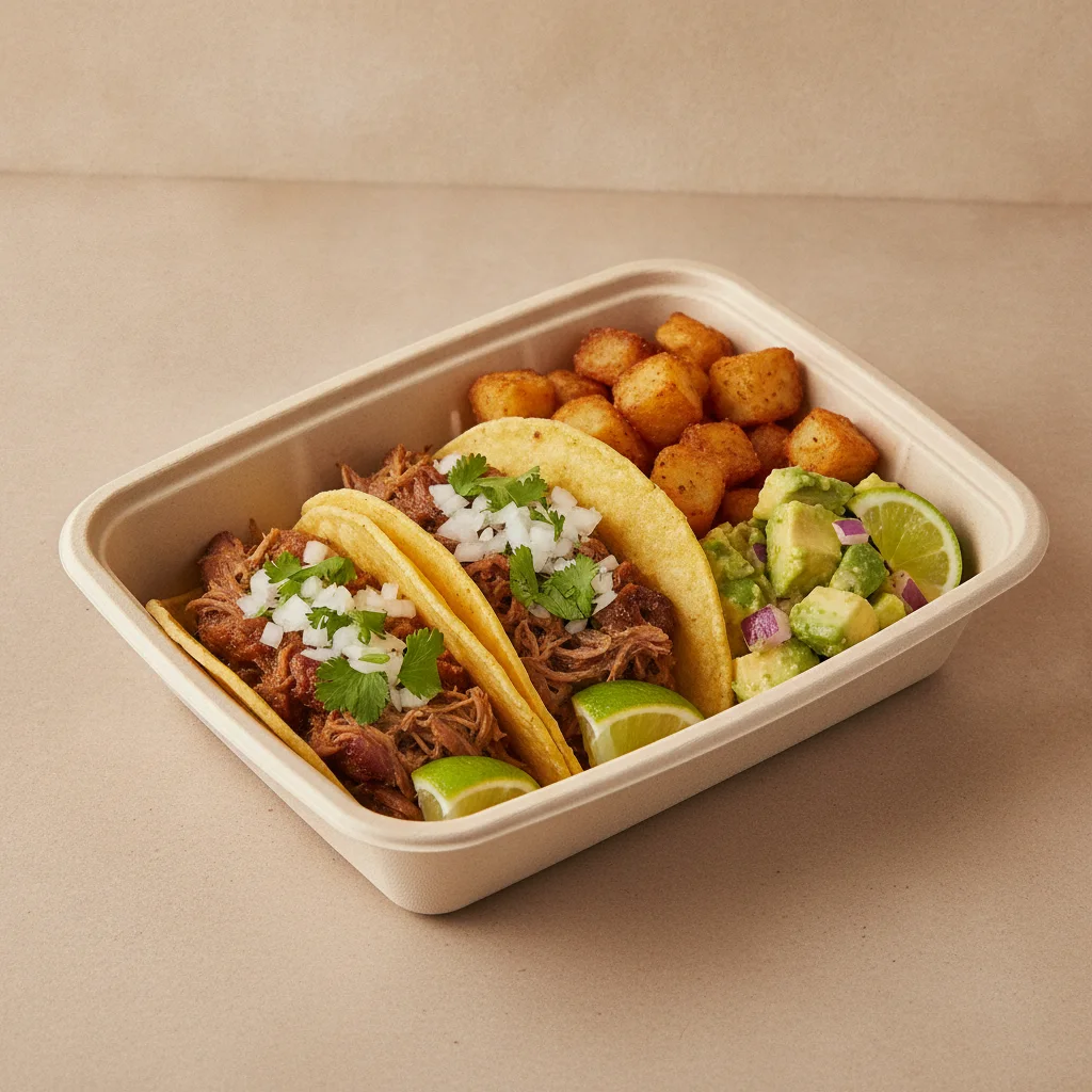 2 Tacos Boxed Lunch — Carnitas — Home Fries / Avocado Salad 2 Tacos Boxed Lunch — Carnitas — Home Fries / Avocado Salad