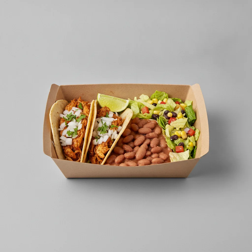 2 Tacos Boxed Lunch — Chicken with Pinto Beans / Mexican House Salad 2 Tacos Boxed Lunch — Chicken with Pinto Beans / Mexican House Salad