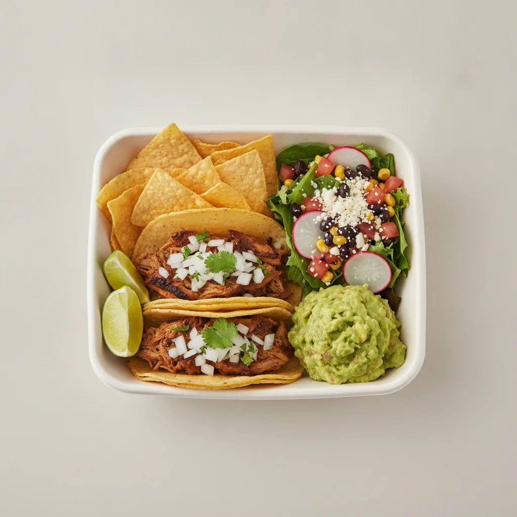 2 Tacos Boxed Lunch — Carnitas with Guacamole and Chips / Mexican House Salad 2 Tacos Boxed Lunch — Carnitas with Guacamole and Chips / Mexican House Salad