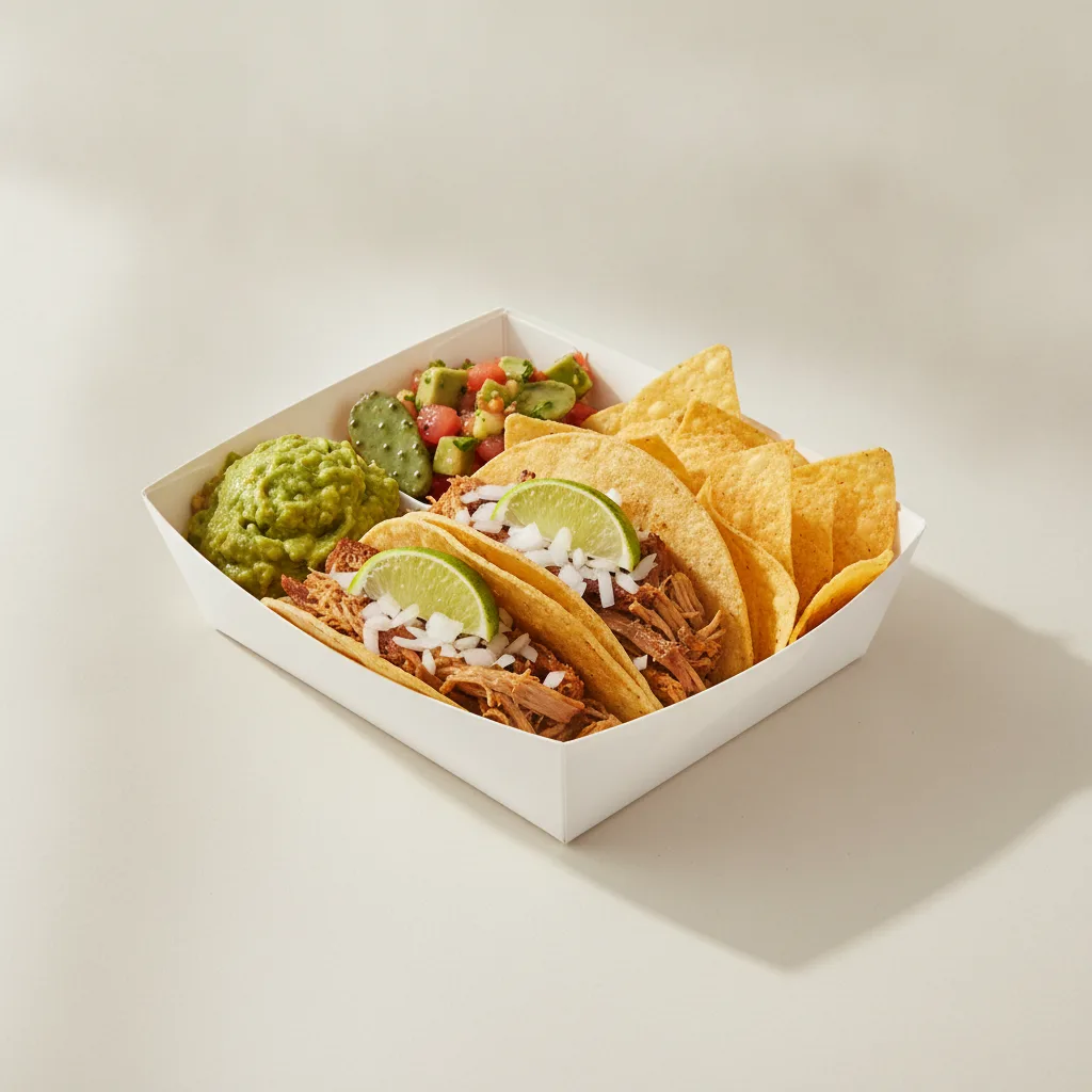 2 Tacos Boxed Lunch — Carnitas with Guacamole and Chips / Nopalitos Salad 2 Tacos Boxed Lunch — Carnitas with Guacamole and Chips / Nopalitos Salad