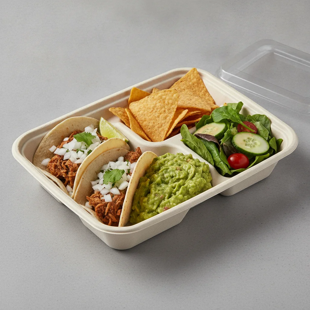 2 Tacos Boxed Lunch — Carnitas with Guacamole and Chips / Green Salad 2 Tacos Boxed Lunch — Carnitas with Guacamole and Chips / Green Salad