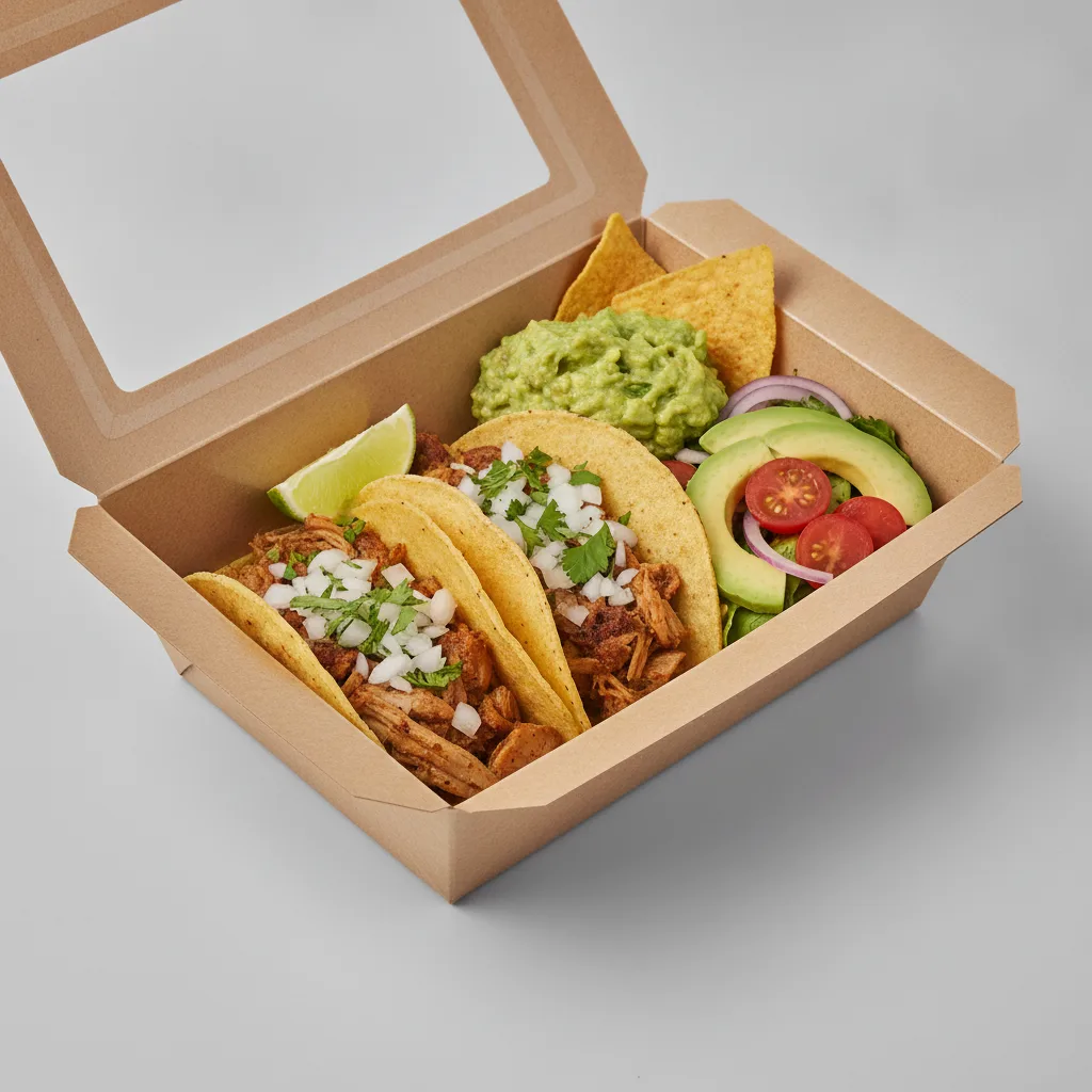 2 Tacos Boxed Lunch — Carnitas with Guacamole and Chips / Avocado Salad 2 Tacos Boxed Lunch — Carnitas with Guacamole and Chips / Avocado Salad