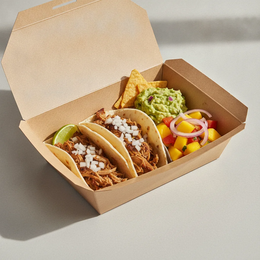 2 Tacos Boxed Lunch — Carnitas with Guacamole and Chips / Mango Salad 2 Tacos Boxed Lunch — Carnitas with Guacamole and Chips / Mango Salad