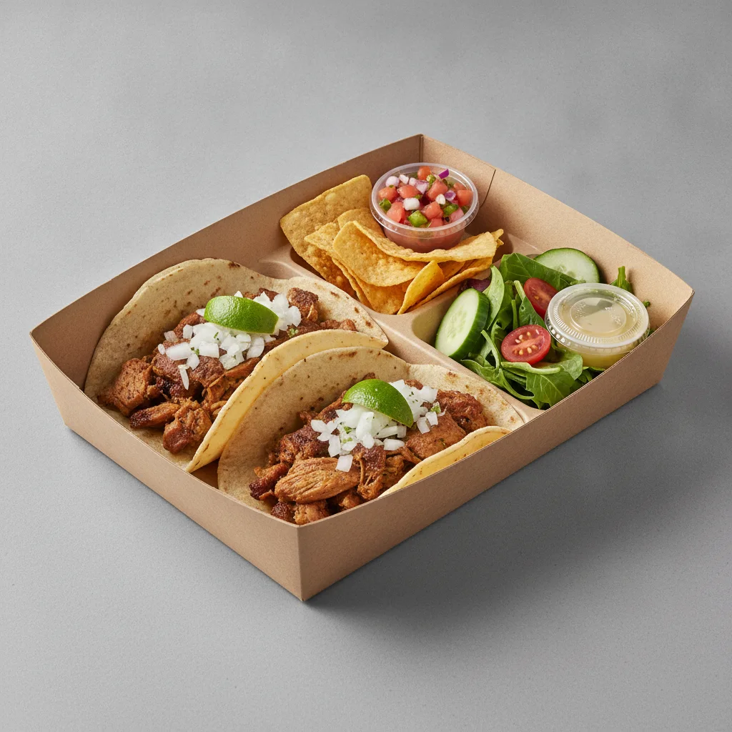2 Tacos Boxed Lunch — Carnitas with Pico and Chips / Green Salad 2 Tacos Boxed Lunch — Carnitas with Pico and Chips / Green Salad