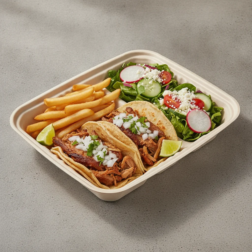 2 Tacos Boxed Lunch — Carnitas with French Fries / Mexican House Salad 2 Tacos Boxed Lunch — Carnitas with French Fries / Mexican House Salad